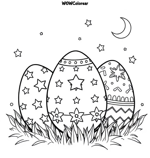 dibujos para colorear huevos de Pascua con patrones de estrellas y lunas